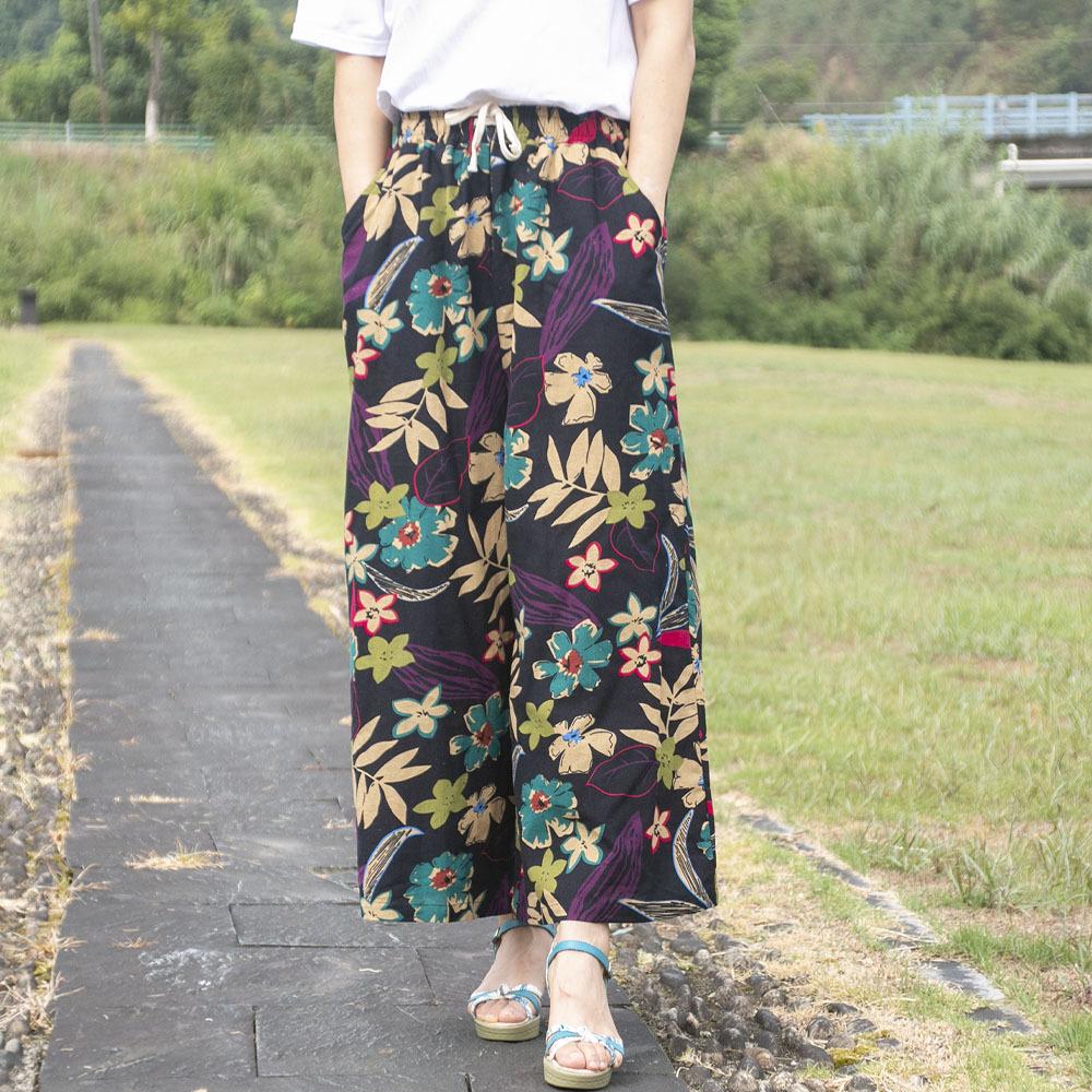 Sommer Lockere Vintage Hose für Damen Baumwolle Leinen Retro Ethno Stil Weitbein Hose Elastischer Bund Cropped Hose