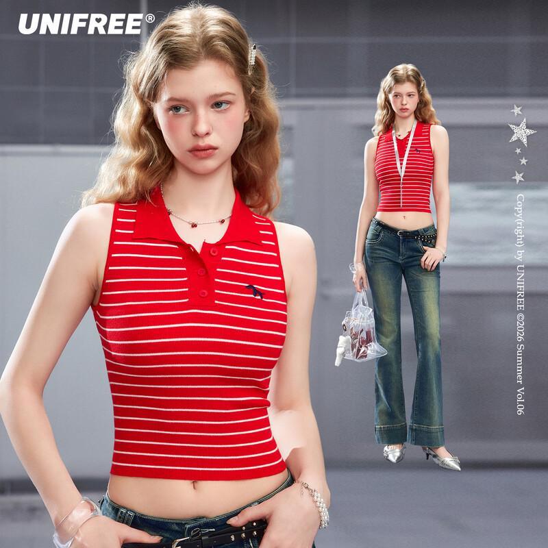 UNIFREE Women s Retro Sport Stripe Polo Vest One Size