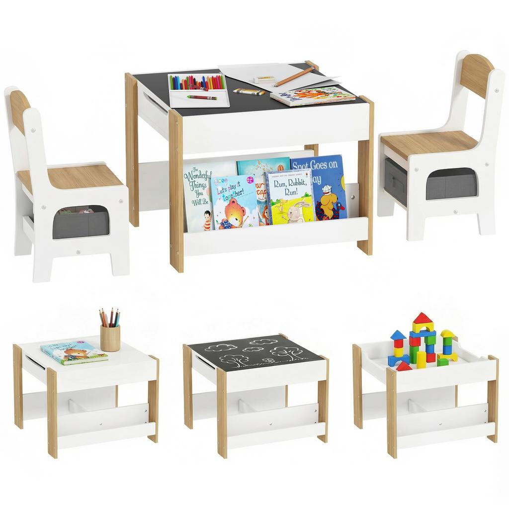 Three-Piece Kids Table and Chair Set with Blackboard, Storage, Bookshelves - Natural Wood