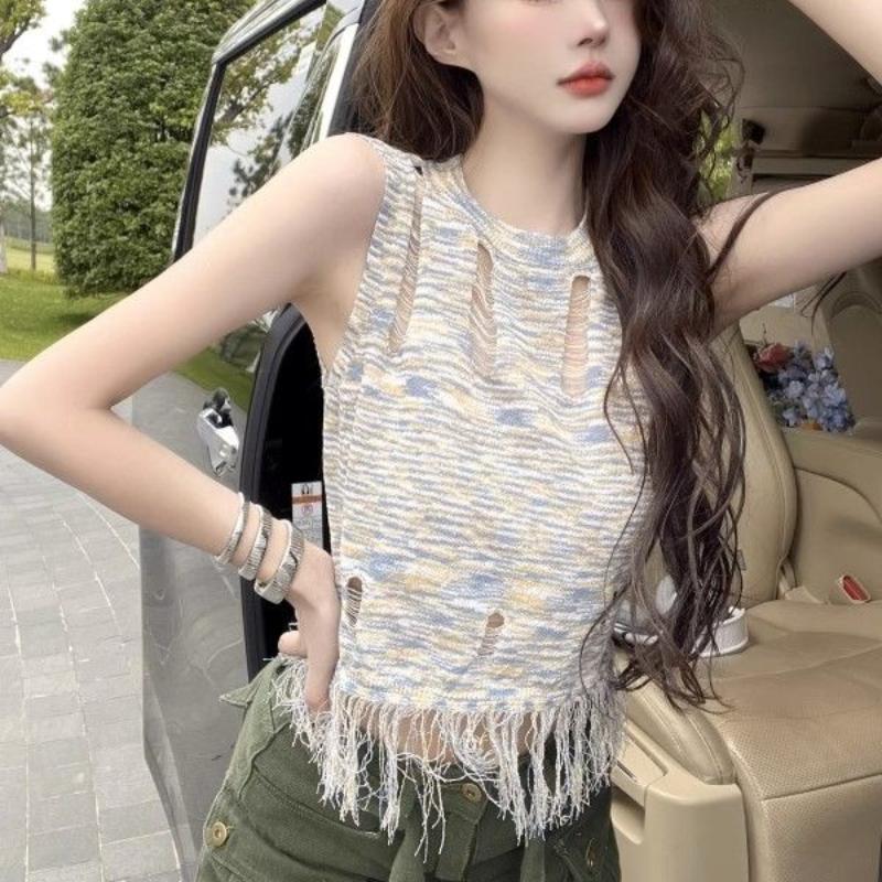 Hollowed-out Sleeveless Vest for Women Thin Style In Summer Unique Design Sense Chic Suitable for Wearing Outside Sexy Su Knitted Top