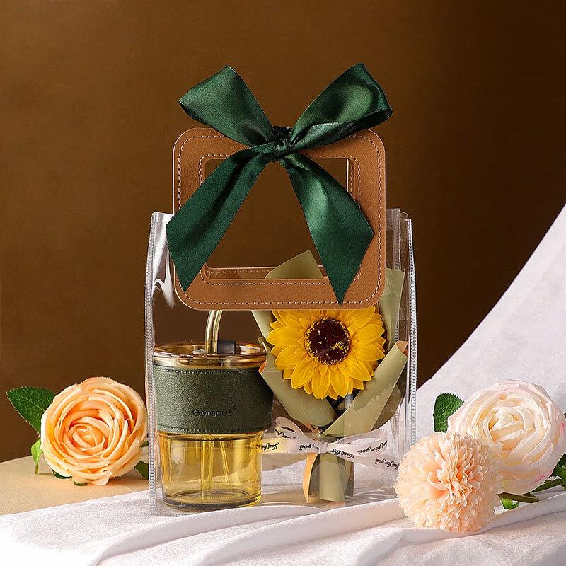 Bamboo Knot Glass Cup & Flower Bouquet Gift Set