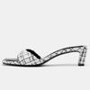 Luxury Designer Fabric Heeled Mule Sandal Women Fashion Plaid Front Strap Slide Sandal Sexy Square Toe Open Toe Stiletto Slipper