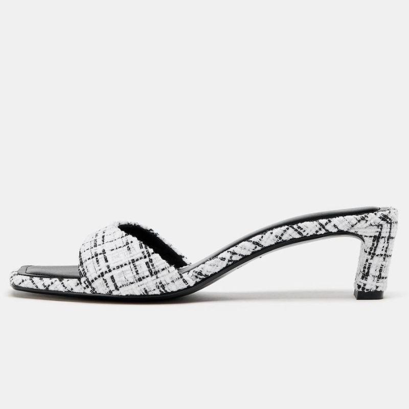 Luxury Designer Fabric Heeled Mule Sandal Women Fashion Plaid Front Strap Slide Sandal Sexy Square Toe Open Toe Stiletto Slipper