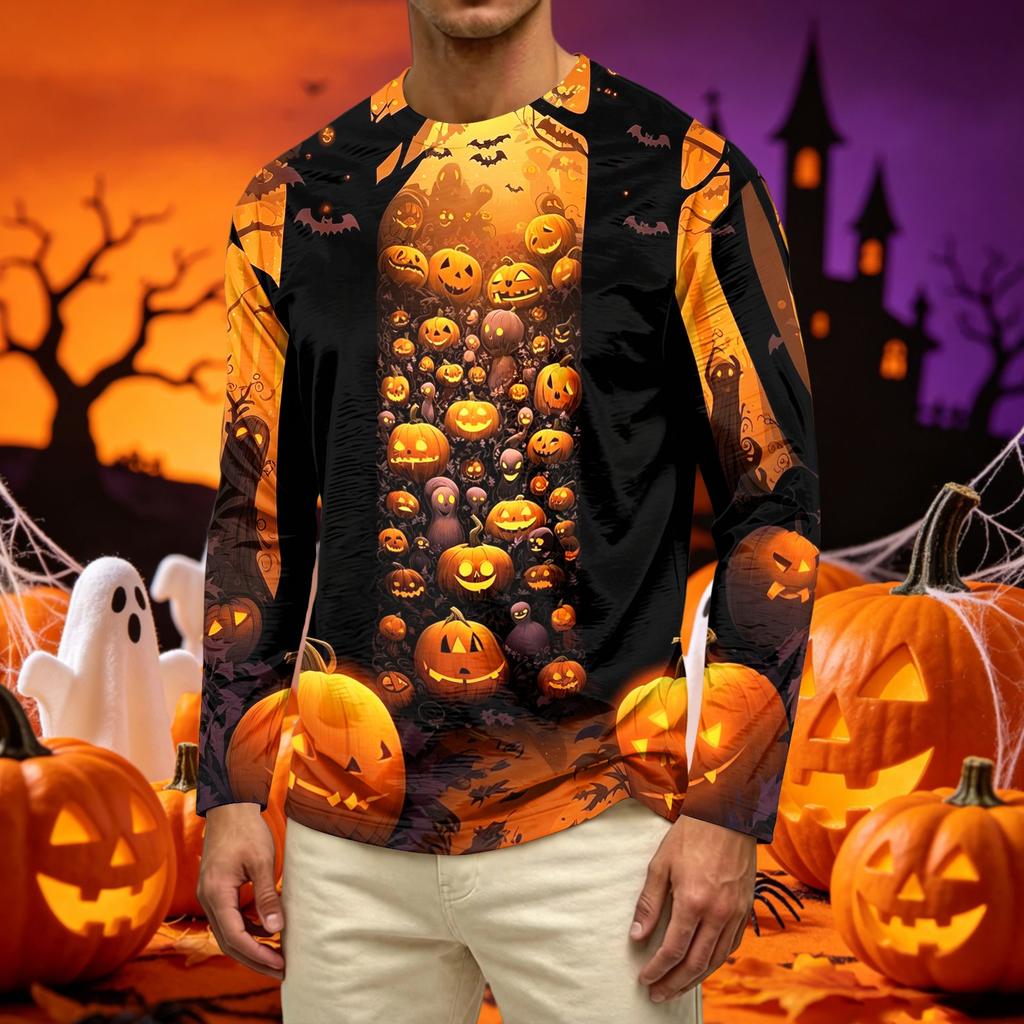 Men's Long Sleeve Casual T Shirt Crew Neck Haunted House Print Halloween Theme Graphic Tee Comfortable Fit