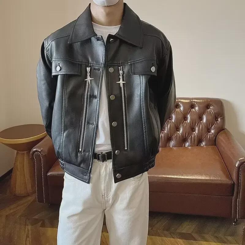 Men's Korean-Style Trendy Leather Motorcycle Jacket: Casual, Handsome, and Lightweight for Spring, Summer, and Autumn.