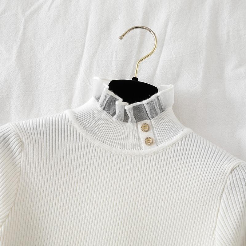 Koreanischer Mesh-Spleiß-Pullover Langarm Elastisch Weiße Oberteile Damen Herbst Winter Kleidung Slim Strick Weicher Pullover Knopf Halber Rollkragenpullover
