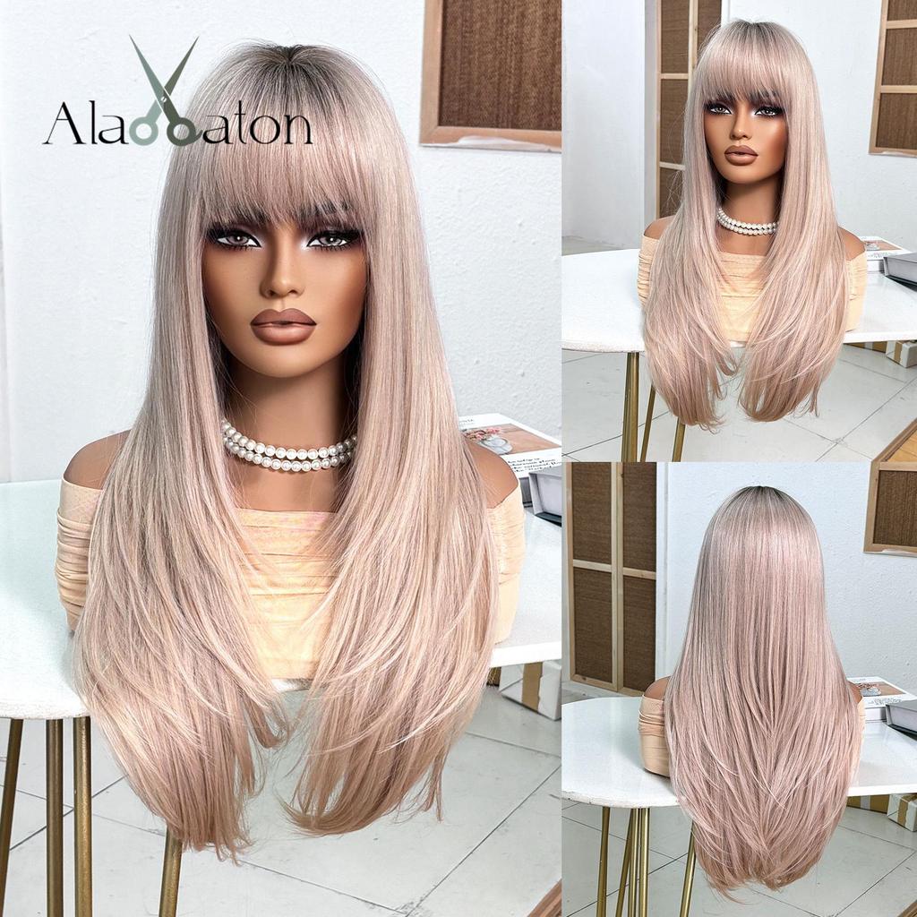 ALAN EATON Lilafarbene Kunsthaarperücken mit Pony, lange, glatte Perücke, seidenweiches blondes Haar, hitzebeständige Perücke, natürliches Aussehen