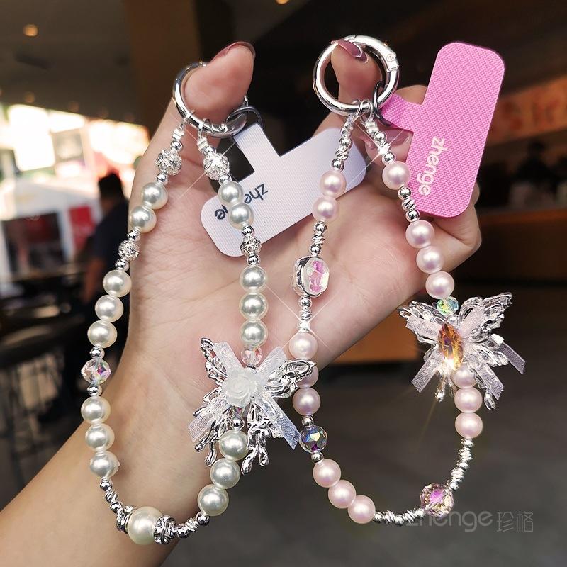 High-end Gemstone Butterfly Pearl Mobile Phone Chain Ins Fashion Women's Wrist Pendant Beaded Chain Short Style