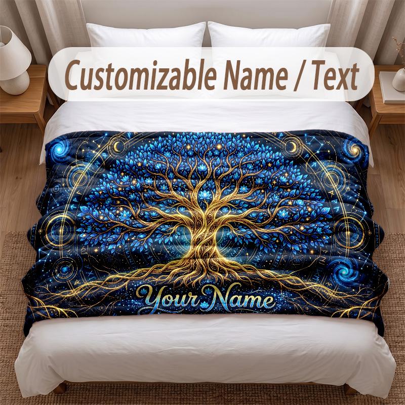 Tree of Life Theme Soft Blanket Personalized Custom Name Text Print Warm Blanket Home Sofa Bedroom Decor