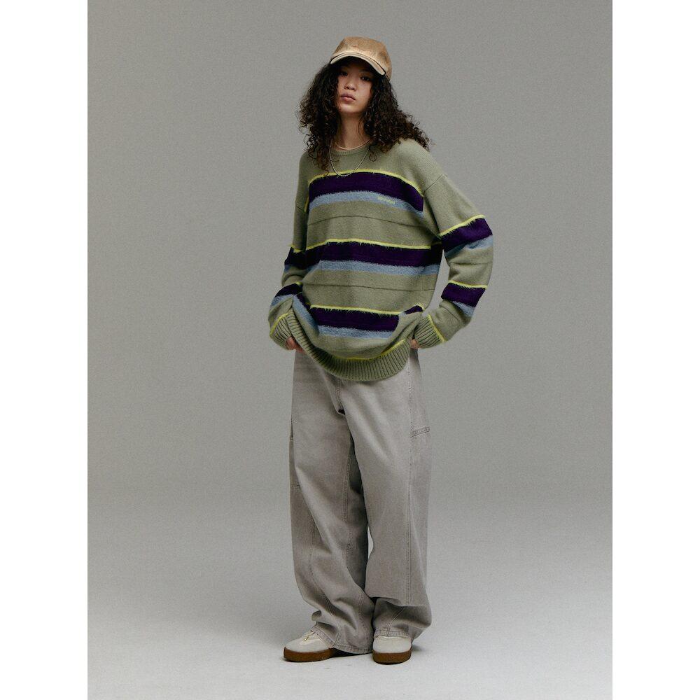 Saendeusaundeu (Unisex) Wool Blend Striped Pullover Sweater Apple Green