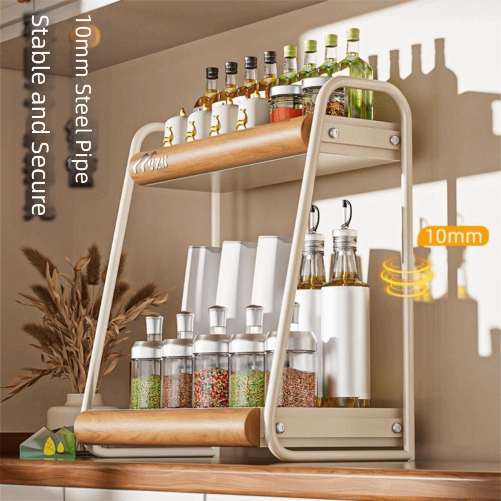 Double-Layer Seasoning Stand Solid Wood Kitchen Organizer Condiment Storage  Home Rack