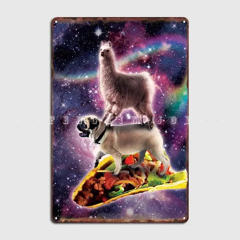 Llama On Pug Riding Taco Metal Sign Wall Mural Pub Garage Printing Plaques Tin Sign Poster
