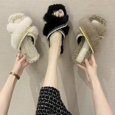Internet Celebrity Pearl Hair Slippers Women Wear 2025 New Korean Version of Fashion Thick Bottom Flat Bottom One Word Drag Wool Cotton Slippers