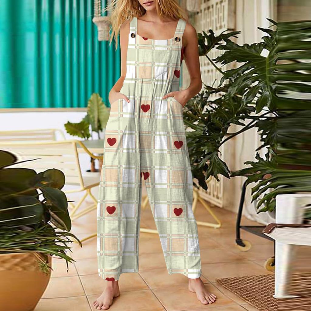 Women's Valentine's Day Printed Casual Loose Retro Cotton Linen Overalls With Pockets