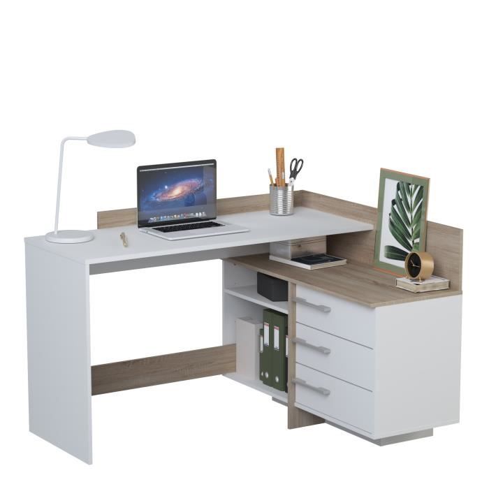 Corner Desk with 3 Drawers - Oak and White Decor - L 128.5 X D 105.7 X H 83.2 Cm - THALES
