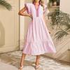 2026 European & American Fashion Women's Striped Double Ruffle Short Sleeve Color Block V-neck Skirt