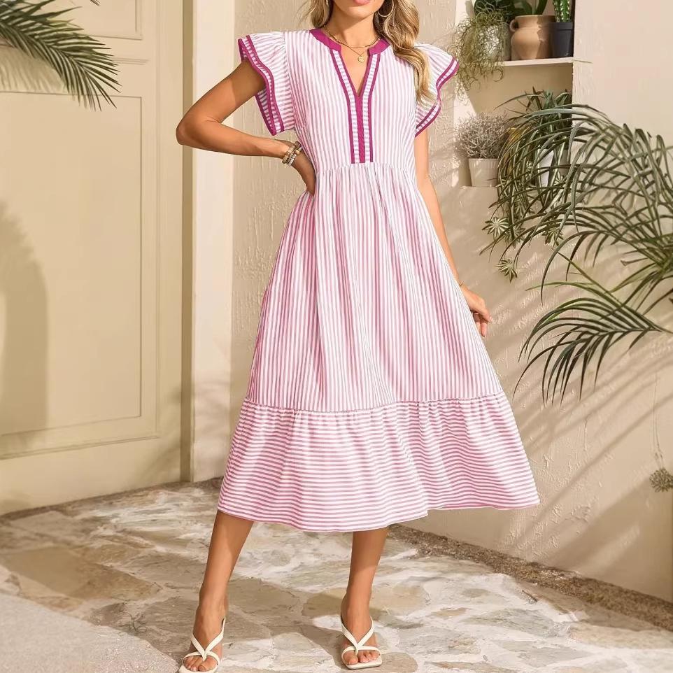 2026 European & American Fashion Women's Striped Double Ruffle Short Sleeve Color Block V-neck Skirt
