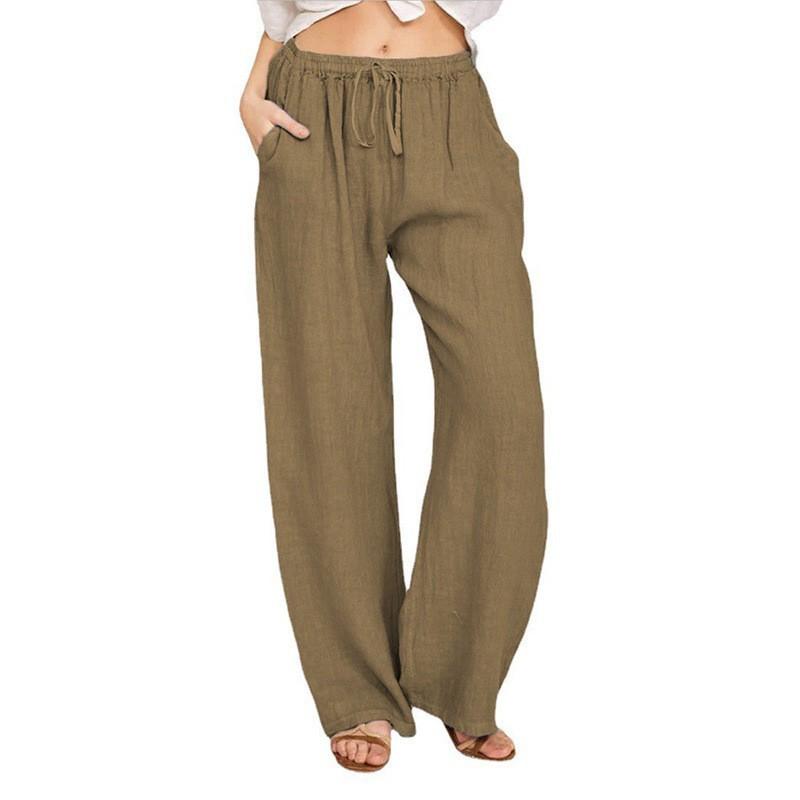 Womens Plus Size Loose Cotton Linen Blend Casual Trousers Mid-Waist Wide Leg Pant Office Daily Wear