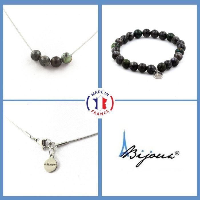 Pierres et Minéraux. Parure Bracelet Collier Perles Labradorite + Turquoise Africaine 8 mm. Taille personnalisable.