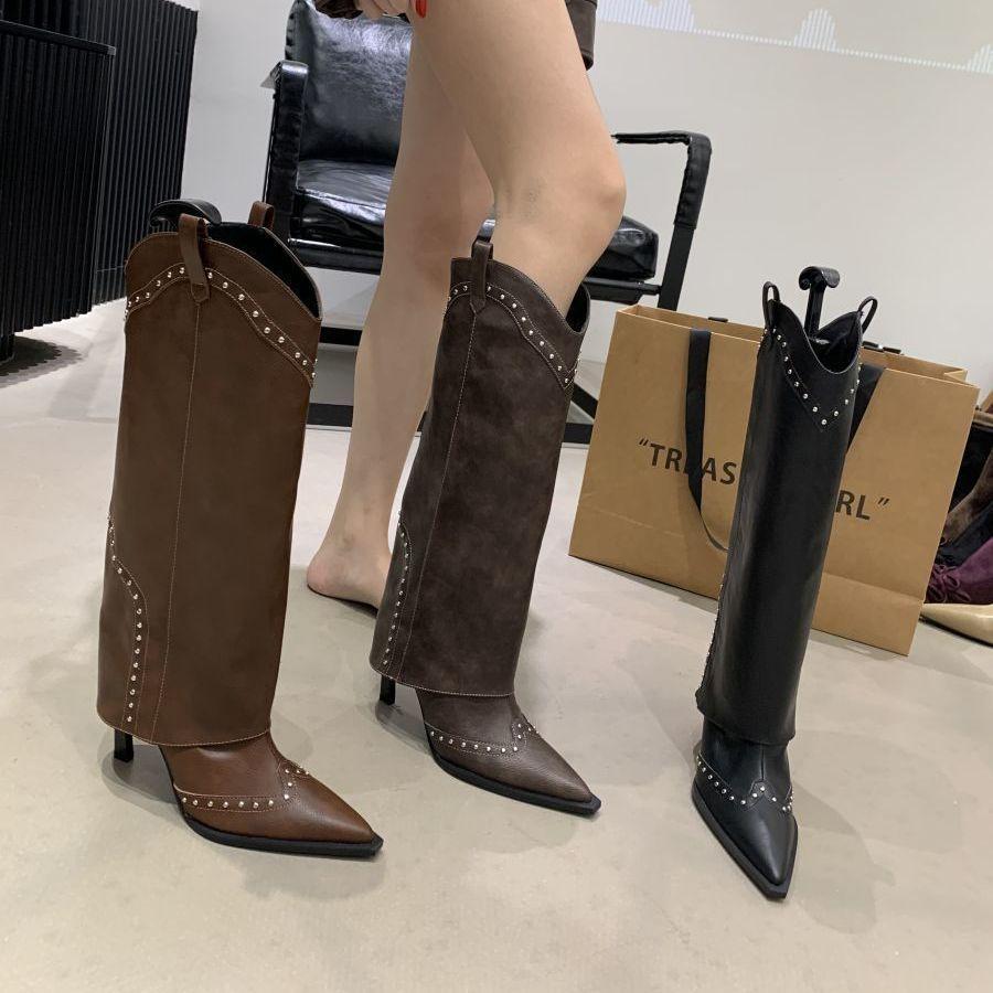 Pointed thin heel boots 2025 autumn new retro high heel trouser boots niche versatile high tube fashion boots women