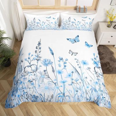 Blue Flowers Duvet Cover Set Single Size Girls Adults Women Kids Butterflies Print Bedding Set Garden Flower Theme Zipper