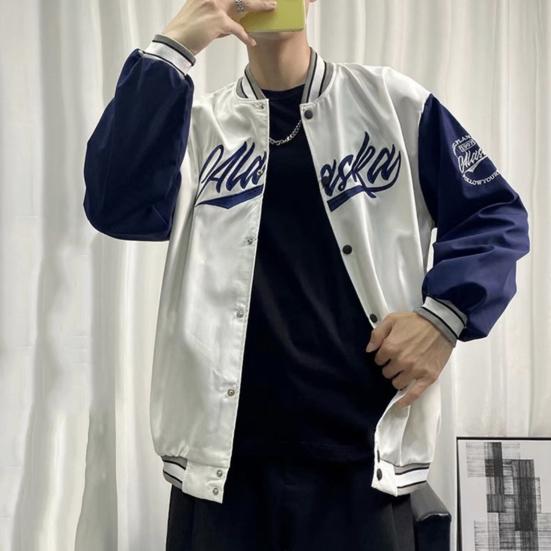 Giacca da Uomo Autunno Inverno Ricamo Lettera Collo Alto a Righe Monopetto Stile Giovane Cardigan Largo Manica Lunga Streetwear Sport Cappotto da Baseball