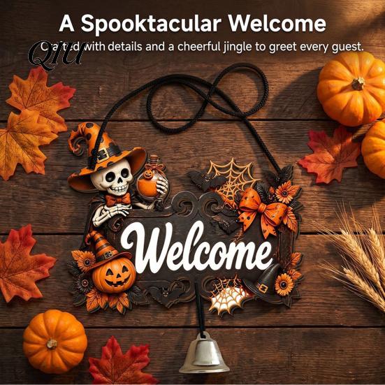 3D Floral Pumpkin Wall Art Halloween Ghost Wooden Welcome Door Hanger Sign, Cute Ornament with Bell Durable Sign for Porch Hanging Rope, Decor Indoor