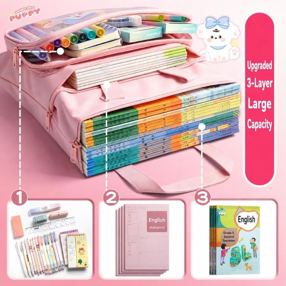 Portable Clear TPU Tote School Bag 3-Layer Large Capacity Waterproof Document Book Bag Art Handbag School Supplies