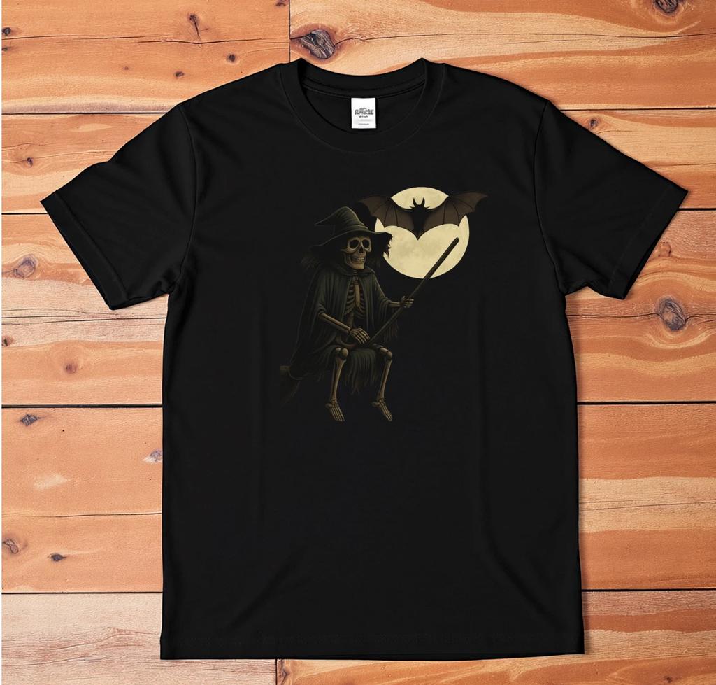 Skeleton Witch T-Shirt | Gothic Halloween Graphic Tee with Broom, Bat & Moon