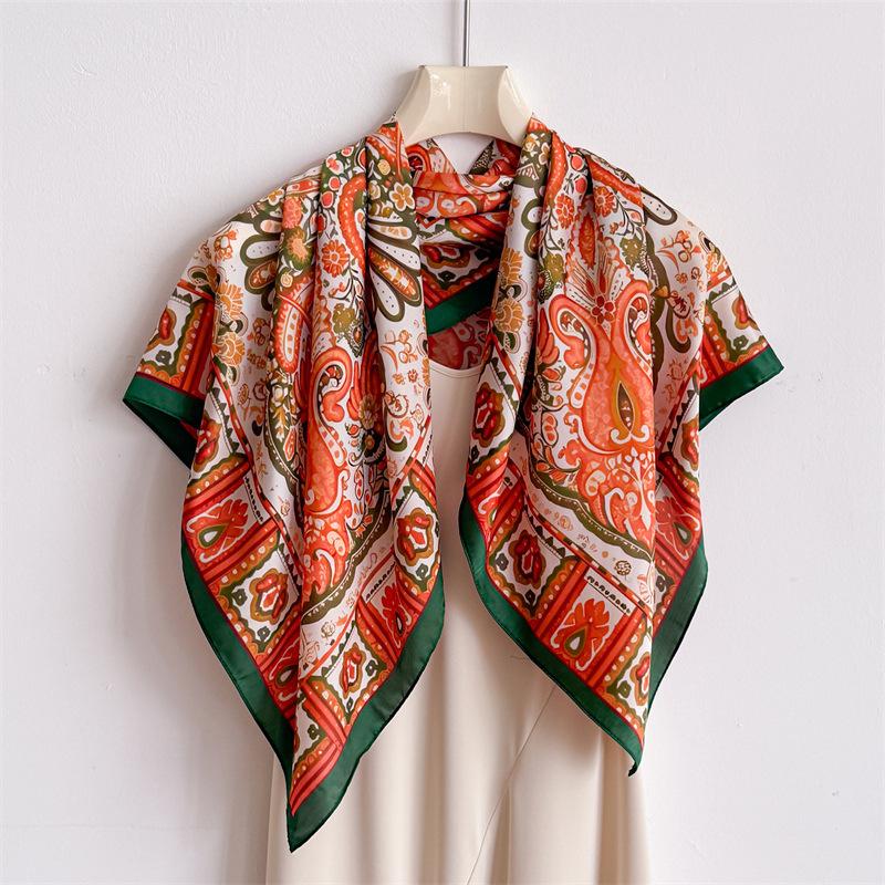 Exotic retro imitation silk high-end large square scarf silk scarf printed shawl decorative scarf sunscreen scarf headscarf scarf