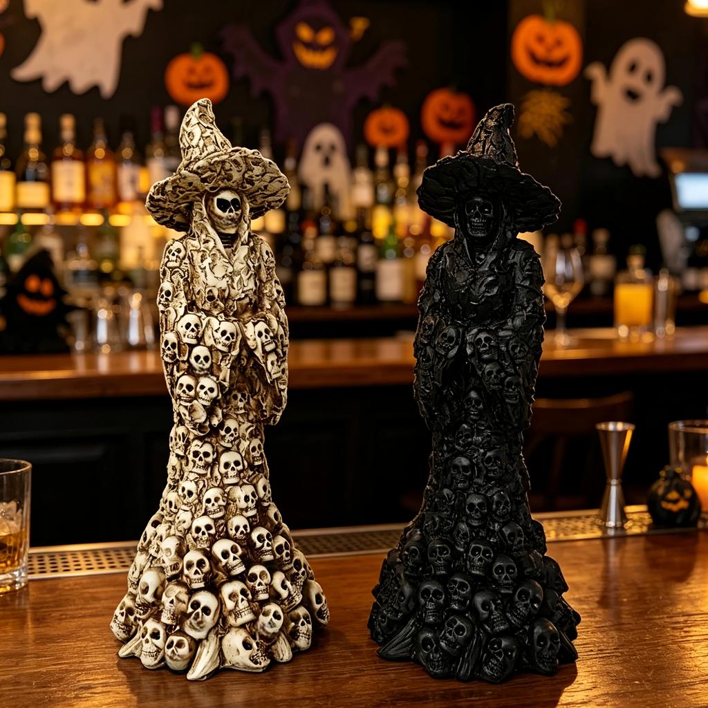 Dark Gothic Skull & Witch Resin Statue for Halloween Decor, Tattoo Shops, and Horror Collectibles