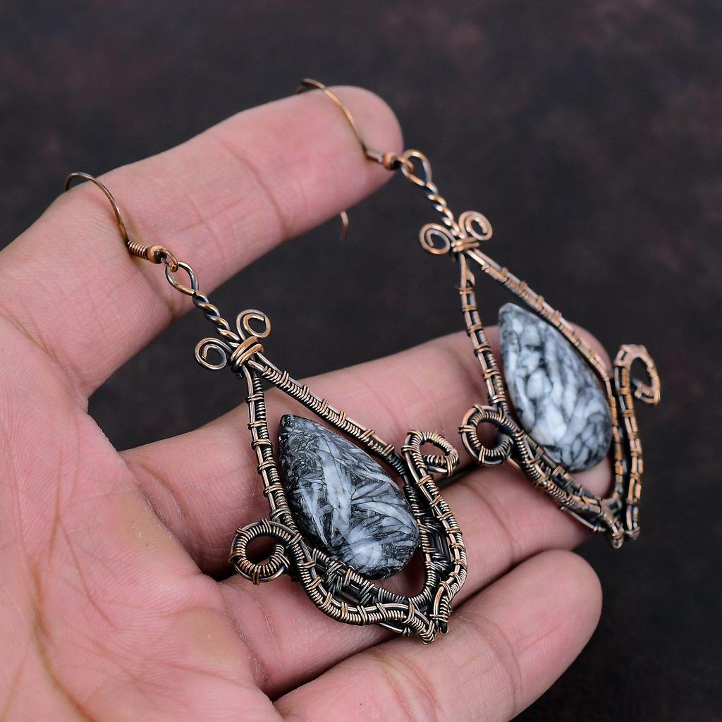 Brinco Pinolith Jasper Brincos Enrolados em Fio de Cobre Joias com Pedras Preciosas Brinco Elegante Feito à Mão Pinolith Jasper Joias de Cobre Presente de Casamento