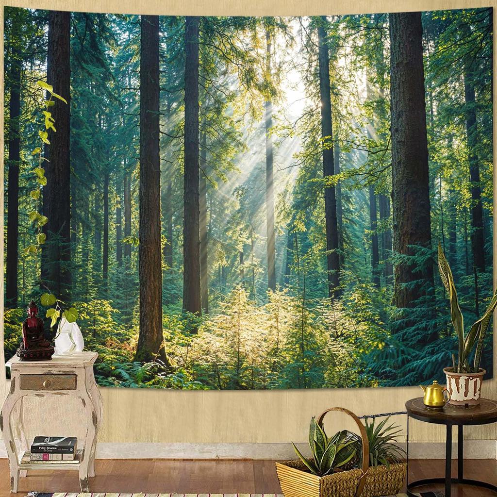 Misty Forest Tapestry, Serene Pine Trees With Sunbeams And Snowy Mountain Wall Art For Nature Lovers And Calm Room Decor