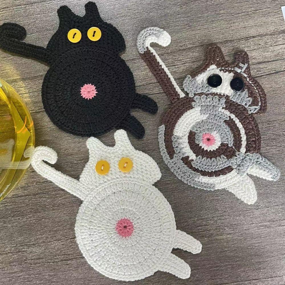Cute Cat Butt Coasters Knitted Heat-Resistant Crochet Drink Mat High Temperature Resistant Easy To Clean Mug Coaster