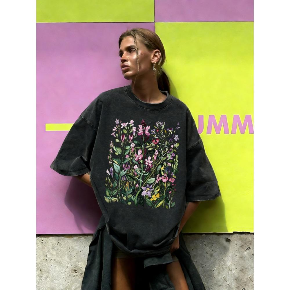 With Different Beautiful Flower Prints, Women's Washed T-shirts, Summer Loose T-shirts, Round Neck Clothes, All-match Streetwear