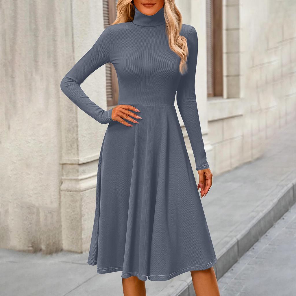 Vestido Midi Casual de Moda Feminina com Gola Alta e Mangas Longas em Cor