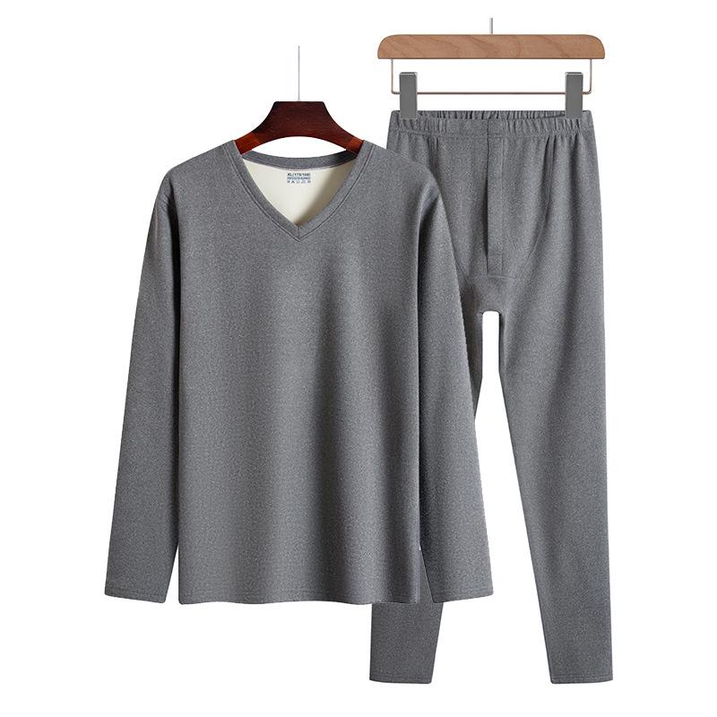 Qiweilang Men's Two-Color German Velvet Thermal Suit, No-Pill V-Neck & Round Neck, Autumn Underwear & Pants