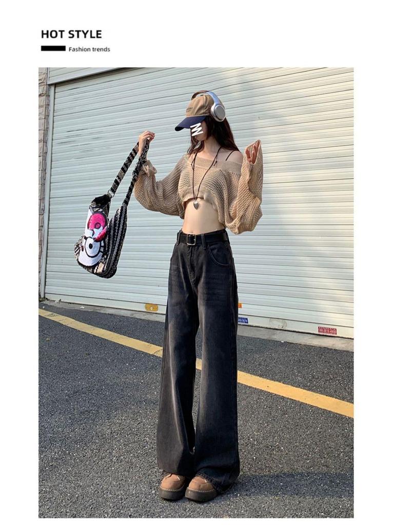 Women's High Waist Wide Leg Jeans - Black & Grey, Spring/Autumn, Plus Size, Floor Length, Straight Leg, Slimming.