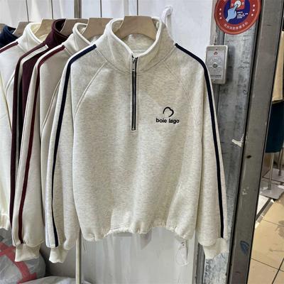 Herbst Amerikanischer Vintage Buchstaben Print Fleece Hoodie Damen Half Zip Locker Lässiges Oberteil