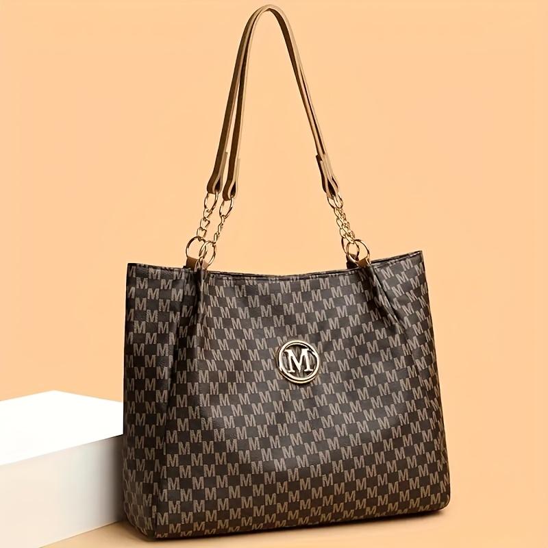 Ladies' PU Retro M Print Large Capacity Spring and Summer Travel Vacation Zipper Switch Shoulder Bag, Crossbody Bag, Handbag, Tote Bag