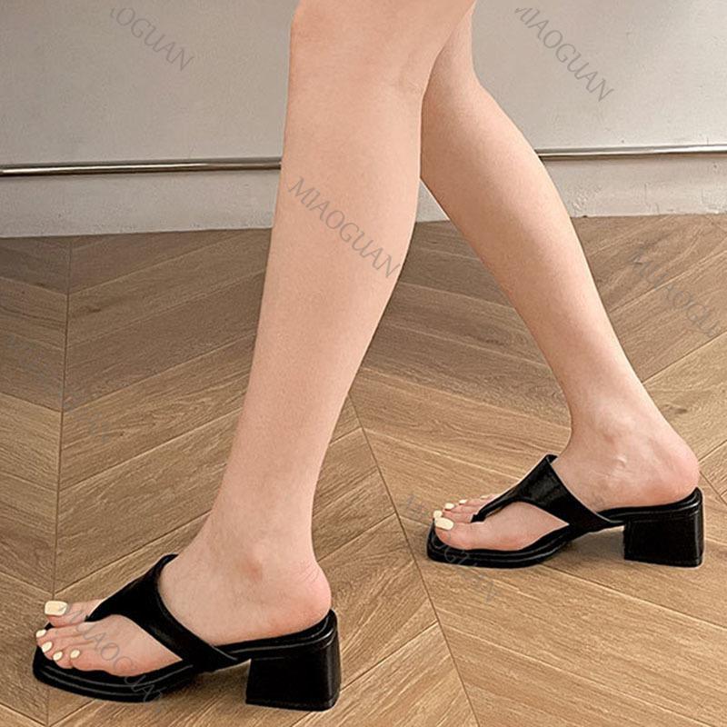Fashion Retro Thick High Heel Flip-flops for Women Summer New Square Toe Beach Holiday Ladies Sandals Slides Casual Outside Wear Slipper