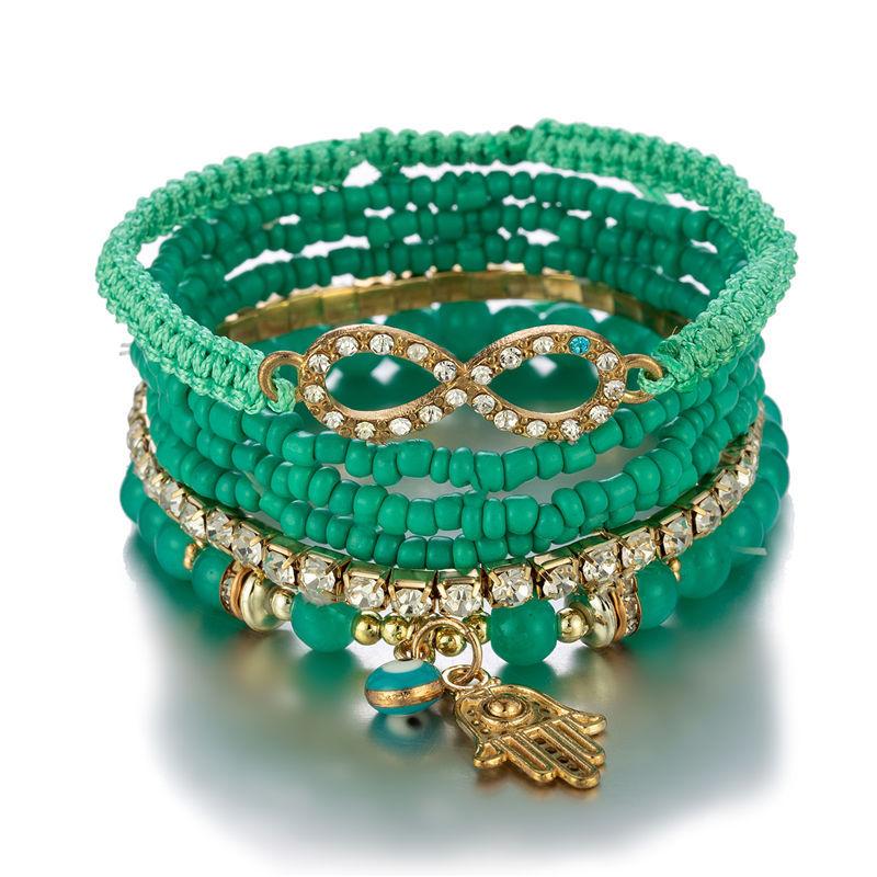 6Pcs Bohemian Hand Eye Beaded Bracelet Set For Women Crystal Geometric Charm Braided Rope Chain Bangle Female Boho Jewelry