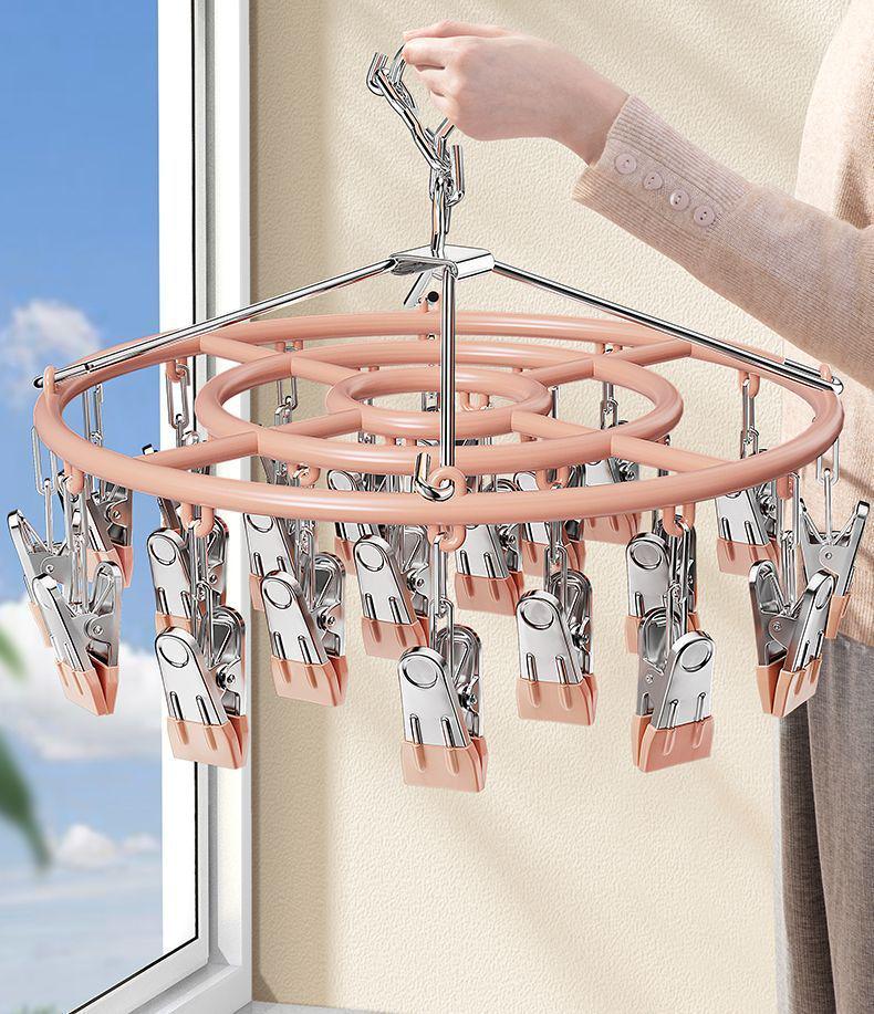 Steel Rack Drying Windproof Stainless With 24 Clips Multifunctional Clothes And Sock Hanger