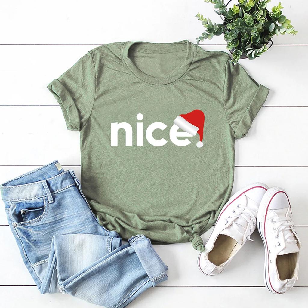 Christmas Hat Nice Letter Print T Shirt Women Short Sleeve O Neck Loose Tshirt Women Causal Tee Shirt Tops Camisetas Mujer