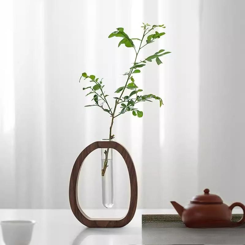 Solid Wood Transparent Glass Hydroponic Flower Vase, Walnut Small Flower Vase, Water-grown Fresh Flowers, Flower Arrangement