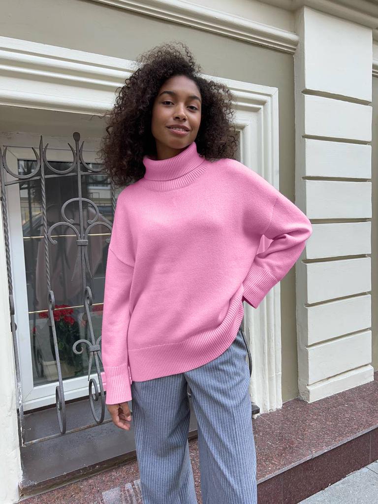 Russia Hot Sale Solid Color Women's Knitted Pullover Turtleneck Loose 066