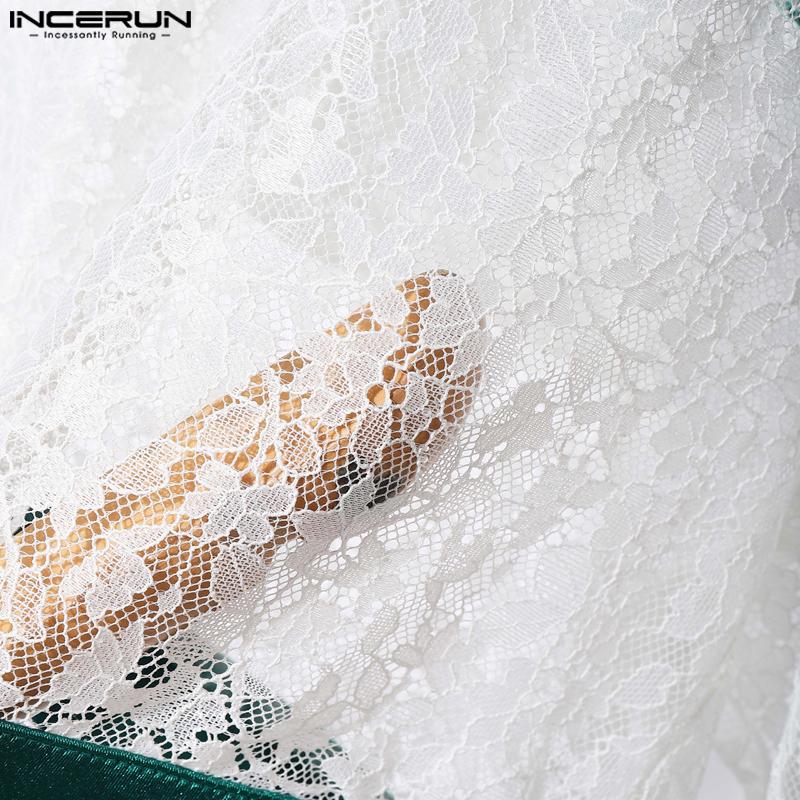 INCERUN Two-pieces Men's Short Sleeve Lace Patchwork T-Shirts Mesh Shorts Outfits Sets