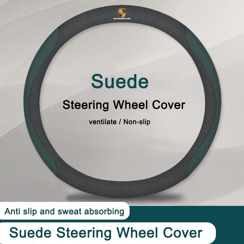 Car Leather Steering Wheel Cover Anti Slip Sweat Absorbing For Porsche Cayenne Panamera Macan 911 718 Taycan Cayman Keyring Fvbm70