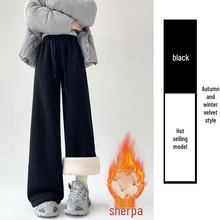 

Women s Plus Size Herringbone Fleece-Lined Wide-Leg Pants, M-6XL, Autumn/Winter, High-Waisted, Thick, Casual, Straight 2XL