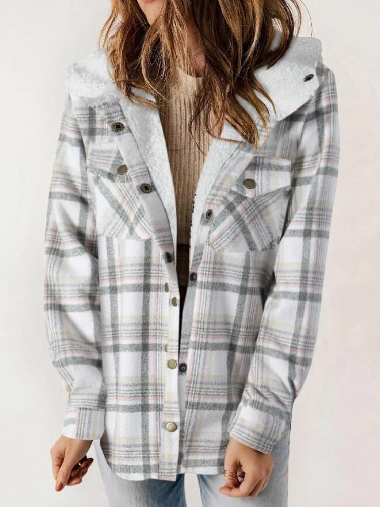 Autumn and winter women's plaid jacket long sleeved hairy hooded jacket with pockets